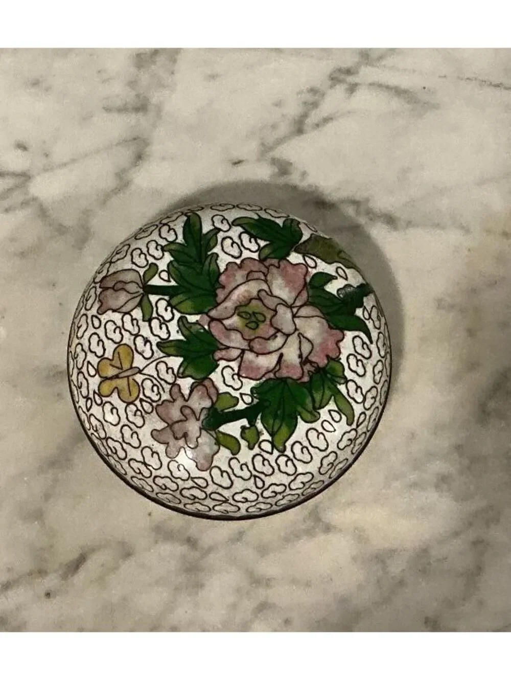 Vintage Cloisonné Round Pill Box, Pink Peony Floral, White